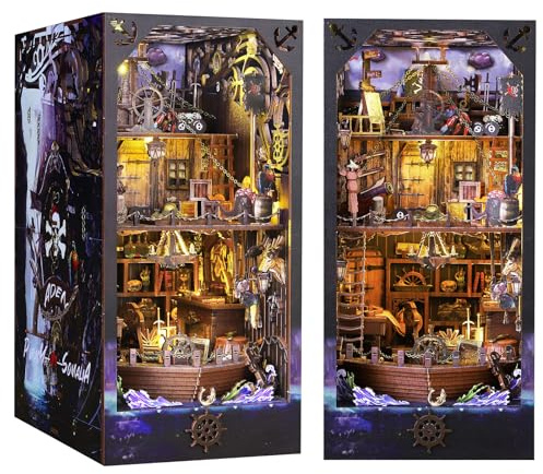 Book Nook DIY Kit, MOJINO Puppenhaus Holz Booknook Miniatur Haus Kit mit Möbeln und LED-Licht Magische Welt 3D Puzzle Buchstützen aus Holz Geschenkdekoration für Jugendliche (Expeditionssegeln)
