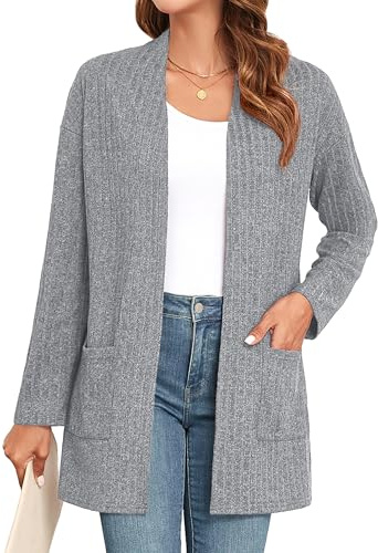 IWOLLENCE Cardigans for Women UK Long Sleeve Lightweight Cardigans Open Front Ribbed Knit Outerwear Cardigan Jumper with Pocket