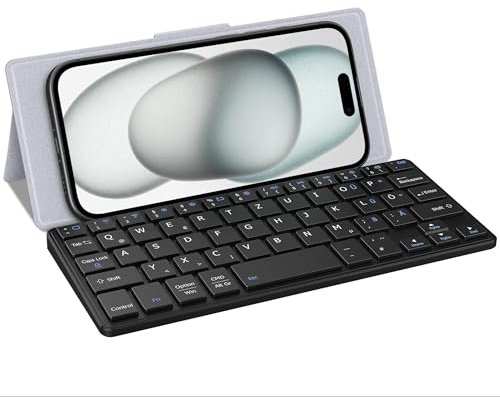 CACOE Bluetooth Tastatur mit Ständer, Mini für Handy, Ultraflache Tragbare, Faltbare, Dual-Channel Tastatur mit Stellhalterung für Smartphone und mehr iOS Android Windows, Hellgrau