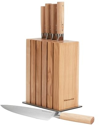 KitchenAid 6-Piece Ashwood Knife Block Set | Premium Damascus Steel Blades | Pakkawood Handles | Space-Saving Design | Includes Chef, Santoku, Slicing, Utility & Paring Knives | Kitchen Knife Set