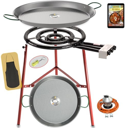 COMBOI Paellero de gas butano, Kit Profesional Quemador plano 53 cm, Paelleras Pulidas 70 y 42 cm, Regulador, Manguera, Patas Reforzadas, Nivel, Delantal, Libro Recetas Digital(Kit Paellero Pro 53 cm)
