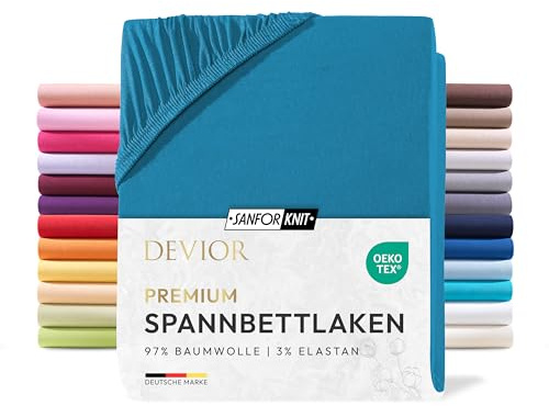 Devior Premium Spannbettlaken 140x200cm - 160x220cm für Boxspringbetten bis 32cm, 97% Baumwolle & 3% Elastan, Petrol – 190 g/m² Anti-Statisches, atmungsaktives Bettlaken mit Einlaufschutz