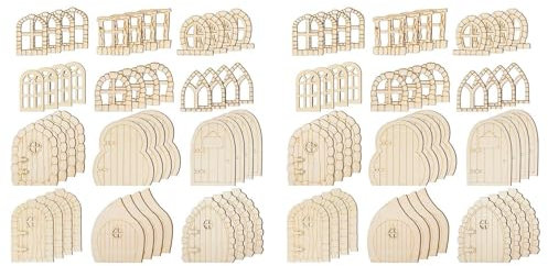 BRCUAT 96 Stück Feentür-Holzgartentüren zum Basteln, Mini-Fenster-Feenhaus-Set, unlackierte Miniatur-Tür, unlackiertes Feenfenster