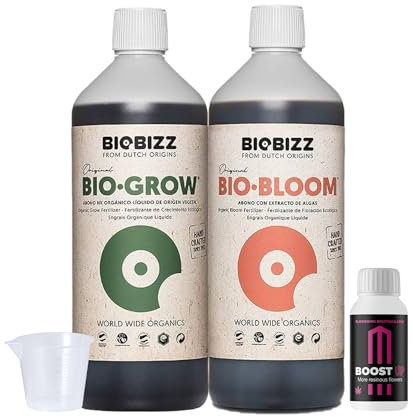 GROWMANIA Bio Bloom und Bio Grow Biobizz Dünger 1 l + Boost Up Nutrients Probe + Messbecher | Flüssigdünger für Pflanzen und Kulturen | Wachstumsstimulation