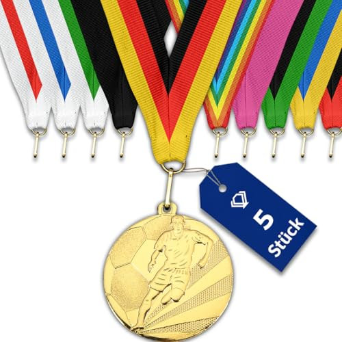 pokal-fabrik.de - Fussball-Medaillen 5 Stück Set Metall mit Wunschtext - Fussballmedaille golden zum Umhängen für Siegerehrungen - Medaillen Kinder mit Band nach Wahl für Vereine & Turniere