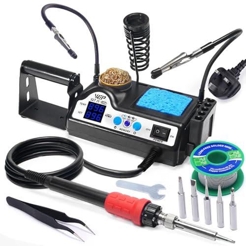 WEP 927-IV V2 Soldering Iron Station Kit 110W with 3 Preset Channels, Sleep Mode, 5 Extra Iron Tips, Tip Cleaner, 2 Helping Hands, Tip Storage Slots, Solder Wire, Tweezers (UK)