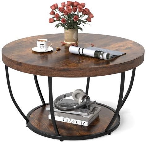 COSTWAY 2-Tier Round Coffee Table with Storage Shelf, Metal Frame Industrial Accent Cocktail Center Unit Sofa Side Tea Table for Living Room, Bedroom and Office, 80x80x45cm, Rustic Brown+Black
