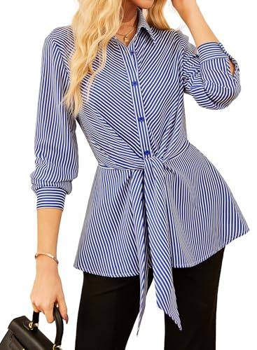 GRACE KARIN Women's Elegant Striped Shirt Long Sleeve Button Down Tops Casual Lapel Collar Belted Peplum Blouse Blue XL