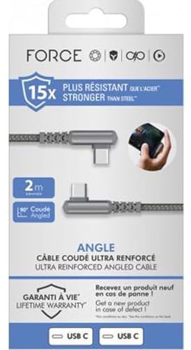 Câble Coudé Ultra-renforcé USB C/USB C 2m 60W Gris - Garanti à Vie Force Power