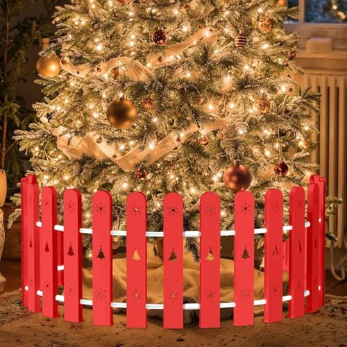 Weihnachtsbaumzaun, 42 cm hoch, rot, dekorativer Zaun, Weihnachtsbaumzaunschutz für Kinder, Hunde, Haustiere, freistehende Kreisbarriere um künstliche echte Weihnachtsbäume, 28 Stück