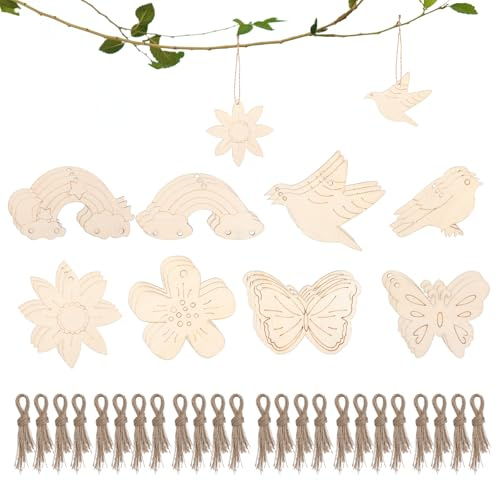 xuhaggeo 24 Stück Bastelset Schmetterling, Regenbogenblumen und Vögel aus Holz, DIY Malvorlagen für Kreatives Basteln
