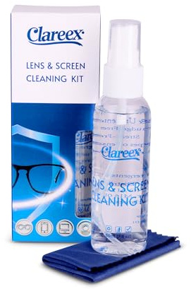 Clareex Premium Alcohol-Free Eyeglass & Screen Cleaner – Unscented 60 ml Spray with Microfibre Cloth | Streak-Free Cleaning for Glasses, Phones, Laptops & Camera Lenses