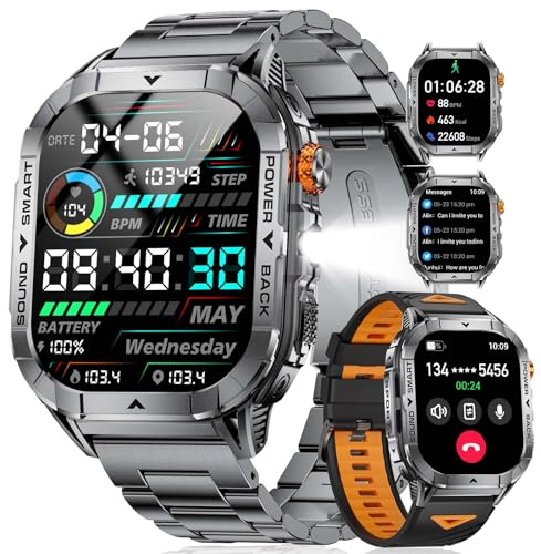 SUNKTA EF17 Military Smart Watch for Men, 2.13'' Amoled HD Display Fitness Tracker Watch with LED Flashlight, Pedometer/100+ Sport Modes/Sleep/5ATM Waterproof Smartwatch, iOS Android Smart Watches