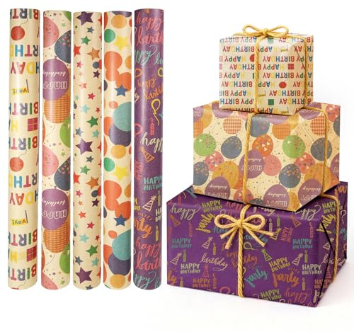 5 Rollen Geschenkpapier Geburtstag, 43cm x 3m Geschenkpapierrolle Kraftpapier Geschenkpapier Set mit Hanfseil & Klebeband für Geburtstage Hochzeiten Babypartys Weihnachten