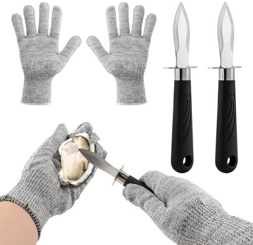 Oyster Shucking Knife Set,2 Stainless Steel Oyster Knifes and Cut Resistan-t Gloves,Oyster Shucker Kit Suitable for All Kinds of Shells and Oysters Shucking
