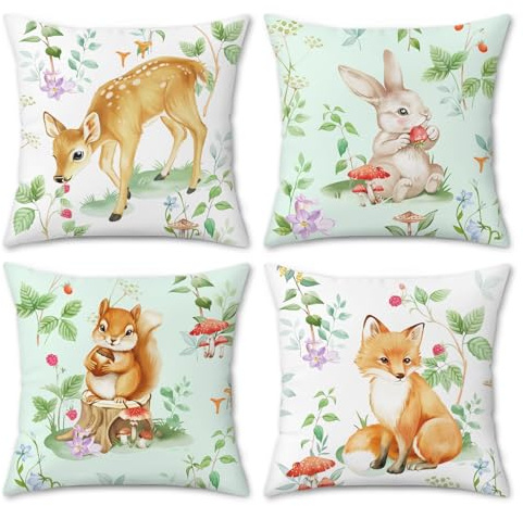 COZZSNUGE Tiere Kissenbezüge 45 x 45 cm, Frühling Hase Hirsch Eichhörnchen Fuchs Grün Kinder Samt Dekorative Kissenhülle Zierkissenbezüge für Sofa Wohnzimmer Zuhause 4er Set