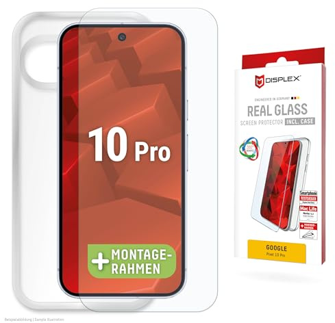 Schutzglas + Schutzhülle für Google Pixel 10 Pro (10H), Eco-Montagerahmen | DISPLEX Real Glass + transparente Schutzhülle, 10H Panzerglas, Bruchschutz, extra-harte Kanten, kratzfest, Anti-Shock