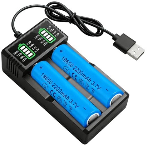 18650 Battery Charger Set with 2 Pack 3.7V 2200mAh Pointed Batteries, Pengrity 18650 Rechargeable Battery, USB 2 Slot Charger with LCD Display Smart, for 26650 21700 14500 18650