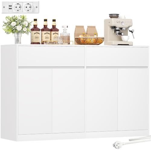 BEWISHOME 140 cm Breit Sideboard Küchenschrank Mit Steckdosenleiste, Weiß