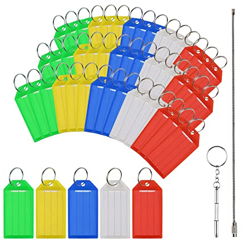 MEZOOM 50x Schlüssel Schilder Set,MEZOOM Kunststoff Schlüsselanhänger ID Label Tags zum Beschriften in sortiert Farben mit Stahldraht + Werkzeug Tool