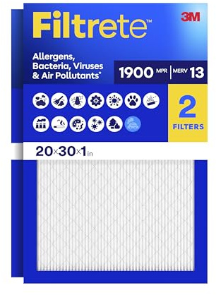 Filtrete 20x30x1 AC Furnace Air Filter, MERV 13, MPR 1900, Premium Allergen, Bacteria & Virus Filter, 3-Month Pleated 1-Inch Electrostatic Air Cleaning Filter, 2-Pack (Actual Size 19.81x29.81x0.78 in)