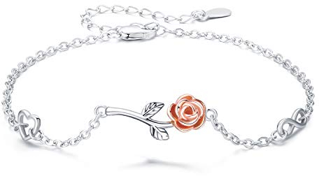 CHENGHONG Armband mit Rosen,Rose Blume Armband,Frauen Armband 925 Sterling Silber Rose Gold Armband für Freundin Mädchen Liebhaber Mama Valentinstag Geschenke