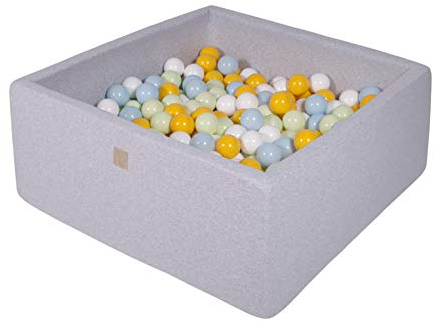 MEOWBABY Piscina de Bolas 90X90X40cm/200 Bolas ∅ 7Cm Piscina de Bolas El Cuadrada Certificada para Niños Hecha en EU Gris Claro: Blanco/Amarillo/Verde Claro/Azul Bebé