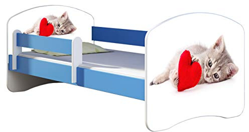 ACMA Kinderbett 160x80 cm Blau mit Matratze & Lattenrost – Jugendbett mit Rausfallschutz, personalisiertes Motiv 40 Katze mit Herz, stabiles Kinderbett für Kinderzimmer, belastbar bis 120 kg