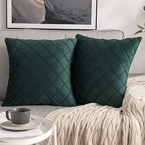 MIULEE 2er Set Samt Kissenbezug Gitter Sofakissen Dekokissen Kissenhülle Kissenbezüge Couchkissen Kissen Samtkissen Weich Einfarbig Zierkissen für Sofa Wohnzimmer 50x50 cm Dunkelgrün