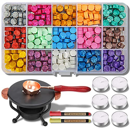 YIPLED Siegelwachs-Set, 310-teilig, Wachssiegelstempel-Set mit Wachssiegelperlen, 2 Stiften, Wachssiegelwärmer, Wachsstempel-Löffel und Kerzen zum Versiegeln von Briefen, Einladungen, 15 Farben