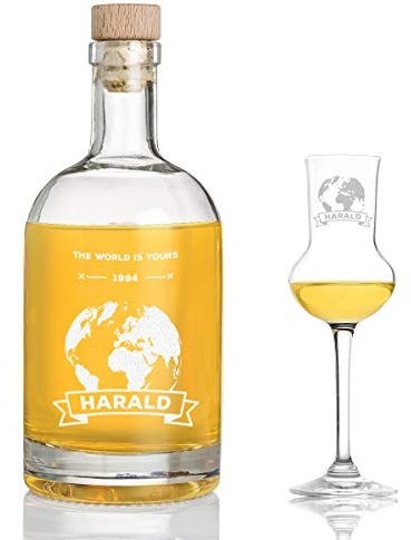 polar-effekt Likörflasche mit Wunschgravur und 1 Likörglas - 700ml Fassungsvolumen - 2-TLG Geschenkset - Ideal für Likör und andere Spezialitäten - inkl. 1 graviertes Likörglas - Motiv Weltkugel
