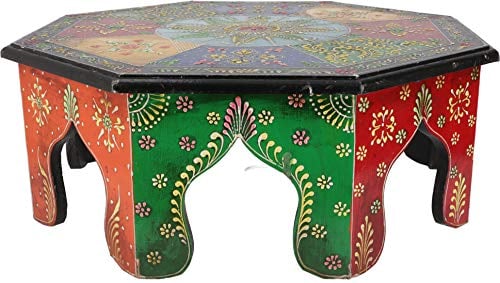 GURU SHOP Bemalter Kleiner Tisch, Minitisch, Blumenbank - O 41cm, Mehrfarbig, Mangoholz, 16x41x41 cm, Dekoobjekte