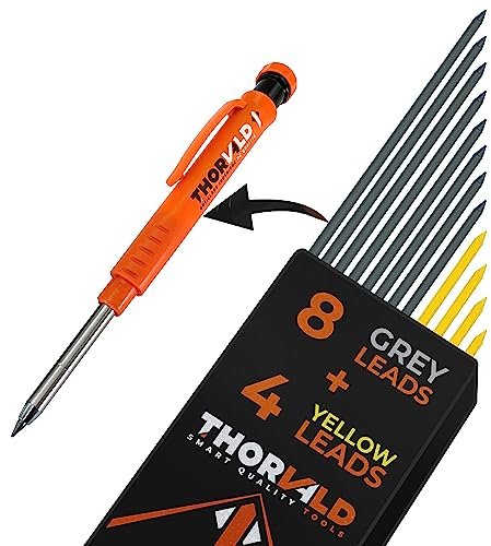 THORVALD 12 Minen 2,8 mm Tieflochmarker Bleistift 8 Graue Minen + 4 Gelbe Minen - für Holz, Metall, Beton, Fliesen