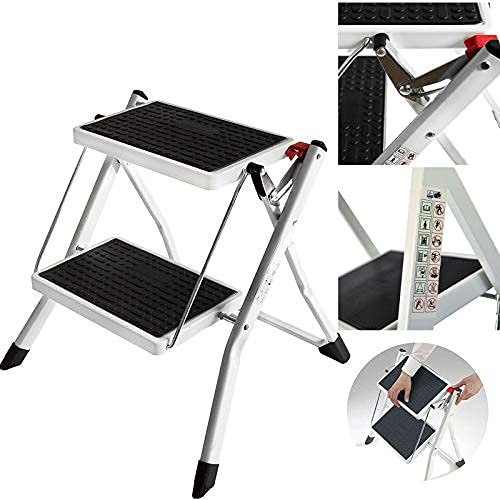 Escabeau pliable 2 marches portable compact antidérapant stable haute performance en acier robuste facile à ranger pour la cuisine, la maison, le garage, les adultes Capacité de 150 kg