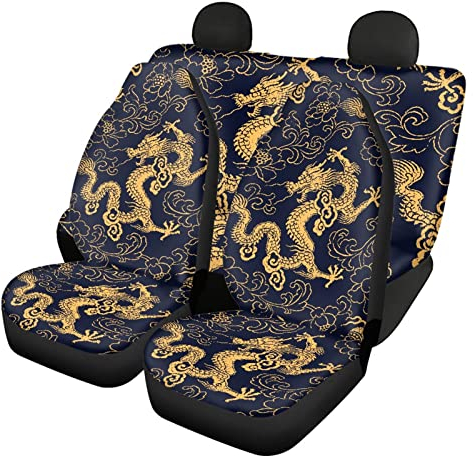 Dolyues Autositzbezüge, Motiv: Chinesischer Drache (Blau-Gold), vollständiges Set mit 4 Vordersitzbezügen und geteilten Bankschonern, passend für die meisten Autos