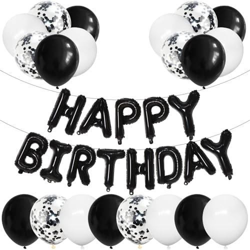 GREMAG Happy Birthday Banner With Black And White Balloons, 20 Pack | 12-inch Black and White Balloons, 16-inch Happy Birthday Foil Banner, For Birthday Party Decorations Men Women Boys Girls