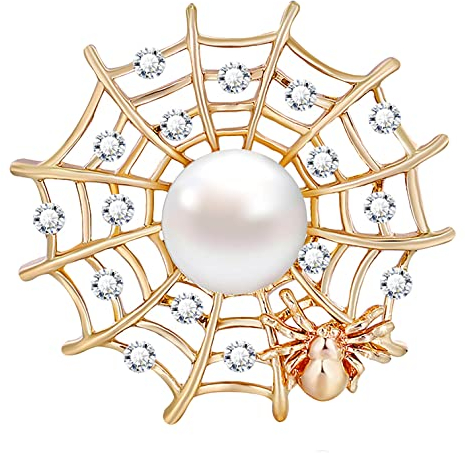 KristLand Araignée Toile Broche Plaqué Or Pierre De Cristal Scintillante Strass Perle Broche De Corsage Bijoux Fête Coffret Cadeau Femme Homme