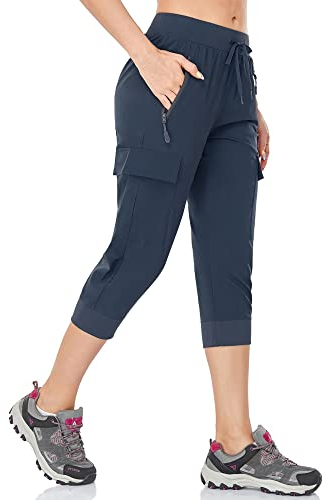 BAYGE Pantaloni da Trekking Estivi Leggeri e Traspiranti per Donna, Pantaloni Cargo 3/4, Resistenti all'Acqua e al Vento, Funzionali, Asciugatura Rapida, con Tasche con Cerniera, Blu, XXL