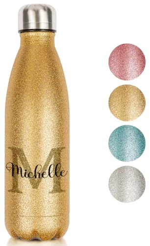 Personalisierte Glitzer Thermoflasche 500ml – Trinkflasche mit Namen aus Edelstahl – Thermosflasche Kinder & Erwachsene – Geschenk zur Einschulung, Schule, Büro, Sport – Glitzergeschenk, Gold