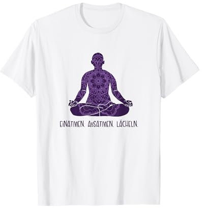 Yoga Damen Zubehör Set Geschenke für Anfänger Yogi Einatmen Ausatmen Lächeln Hatha Asanas Kundalini Yoga T-Shirt Weiß Cartoon U-Ausschnitt Kurzarm Klein EU 15-16 S