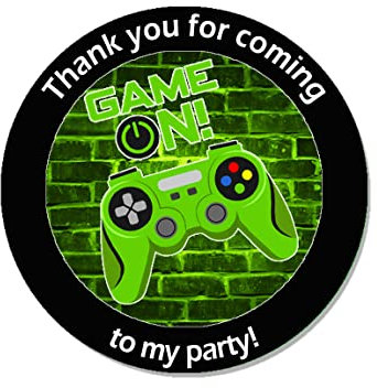 24 x Gaming Birthday Stickers for Party Thank You Sweet Cone Bags Video Games Party Bus (D1 - Green - Non Personalised)