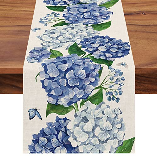 Seliem Frühling Hortensien Blumen Tischläufer, blauer Schmetterling Küche Esstisch Dekor, saisonale Sommer Jute Heimdekoration Indoor Outdoor Party Supply 33 x 90 Zoll