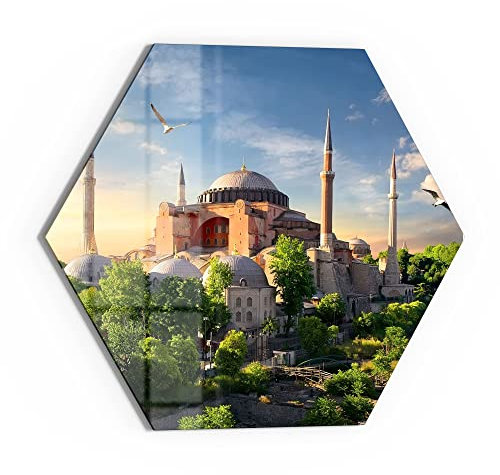 DEQORI Glasbild Echtglas | Motiv Hagia Sophia am Abend | sechseckig einteilig 55x47,6 cm | schöne Dekoration | Wandbild für Wohnzimmer, Schlafzimmer, Flur & Küche | moderne Wanddeko
