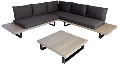 Mendler Garten-Garnitur HWC-H54, Garnitur Sitzgruppe Lounge-Set, Spun Poly Akazie Holz FSC® Alu - grau, Polster dunkelgrau