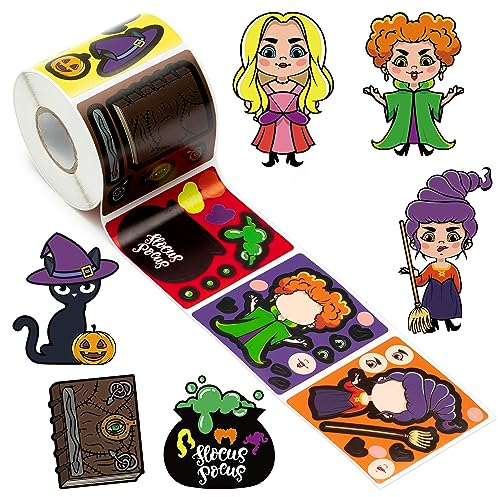 Adval9Vram 6 Rollen Halloween Witch Sisters Make a Face Aufkleber Hocus Pocus Mix and Match Sticker Dein eigenes Hexen Aufkleber Geschenkverpackungen Zubehör DIY Siegelaufkleber für Halloween Party