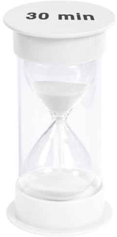 ATC Handels GmbH Sanduhr groß mit verschiedenen Zeitabläufen - von 30 Sekunden bis 30 Minuten - Maße: 12 x 6,5cm - Stundenglass, Zeituhr, Eieruhr, Stundenmesser, Zeitmesser mit Sand (weiß, 30 min)