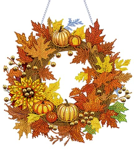 5D DIY Diamond Painting Kürbis Girlande Kranz Set, Diamant Painting Anhänger Herbstdeko Kits mit Kette, Diamant Malerei Türkranz Kürbis Herbst Deko Tür Fenster Deko DIY Geschenk (D)