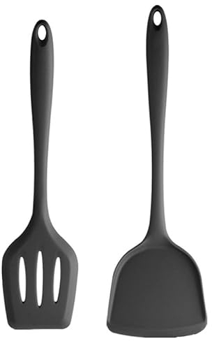 HGKOL 2Pcs Silicone Spatula Non Stick Cookware BPA Free Spatula Solid Silicone Slotted Spatula Heat Resistant Slotted Turner Dishwasher Safe for Frying Cooking Flipping Fish Eggs Pancakes
