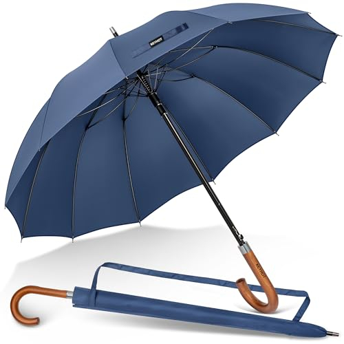 KEYHOT Regenschirm Groß 140cm - Regenschirm Sturmfest Automatik öffnen Klassisch Holzgriff Verstärkt mit Fiberglas 12 Rippen in für 2 Personen (Marineblau)