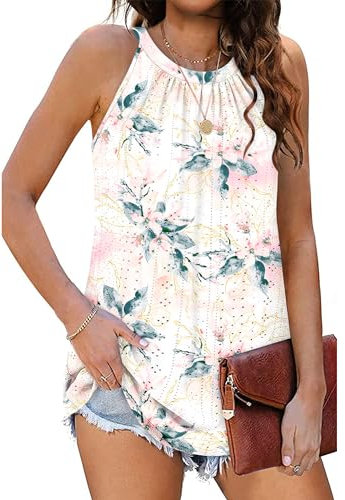 WNEEDU Canottiere da Donna Canottiere Eleganti Canottiere estive Senza Maniche Camicette Camicie Top Fiore Bianco Rosa M